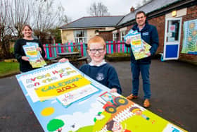 Pictured at the launch of the 'Avoid Harm on the Farm' Child Safety 2021 Calendar is (L-R) Joanne Bryans, Principal, Carr PS, Daniel Glenn, Carr PS, and Robert Kidd, Chief Executive HSENI.