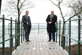 Minister Edwin Poots and Antrim and Newtownabbey Mayor Cllr Jim Montgomery at the new boardwalk at Lough Shore Park.