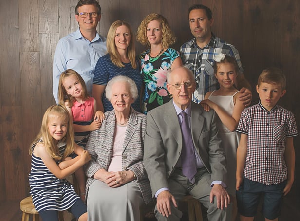 Albert and his wife Vivian, seated. Back row, l-r, son-in-law Ray Davies and daughter Nicola; daughter Gillian and son-in-law Stuart Tanfield. Front row l-r, grandchildren Megan (8), Erin (6), Charlotte (11) and Matthew (9).