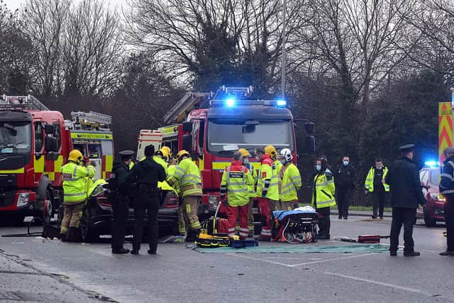 The scene at a crash which closed gthe main Portadown Road on Thursday morning.Photo By Tony Hendron.