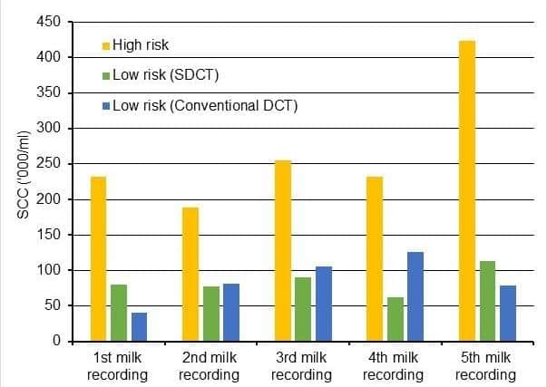 Figure 1: Average somatic cell counts (‘000/ml) during first five milk recordings post-calving for ‘high risk’ cows that received antibiotic plus teat sealant, and for ‘low risk’ cows subject to either SDCT (teat sealant only) or conventional DCT (antibiotic plus teat sealant).