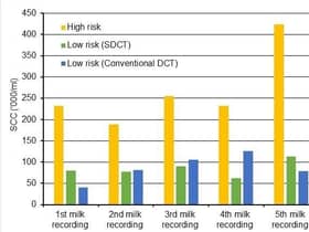 Figure 1: Average somatic cell counts (‘000/ml) during first five milk recordings post-calving for ‘high risk’ cows that received antibiotic plus teat sealant, and for ‘low risk’ cows subject to either SDCT (teat sealant only) or conventional DCT (antibiotic plus teat sealant).