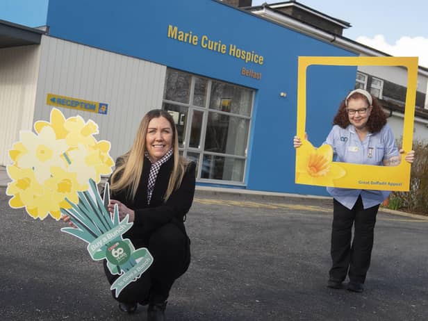 Bronagh Luke, Head of Corporate Marketing launches SPAR NI’s annual campaign for Marie Curie’s Great Daffodil Appeal with Marie Curie nurse Jacqueline Belshaw