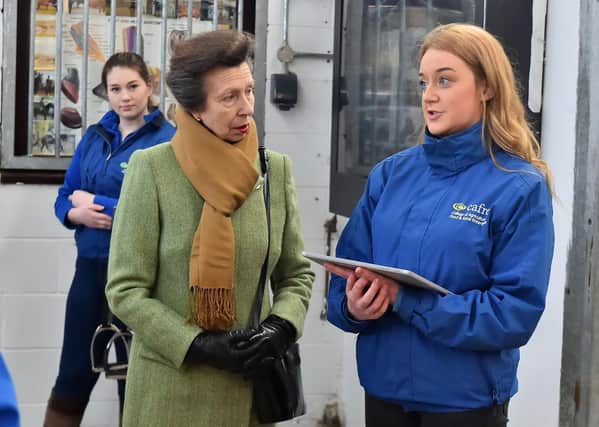 HRH The Princess Royal arrives at CAFRE Campus, Enniskillen 

The Department of Agriculture, Environment and Rural Affairs (DAERA) today welcomed HRH The Princess Royal to the College of Agriculture, Food and Rural Enterprise (CAFRE) campus in Enniskillen as part of a two day visit to NI.
Pictured with HRH Princess Royal is CAFRE student Laura Jane Snell who explained the use of Equine technology to assist her education.
Photo by Simon Graham