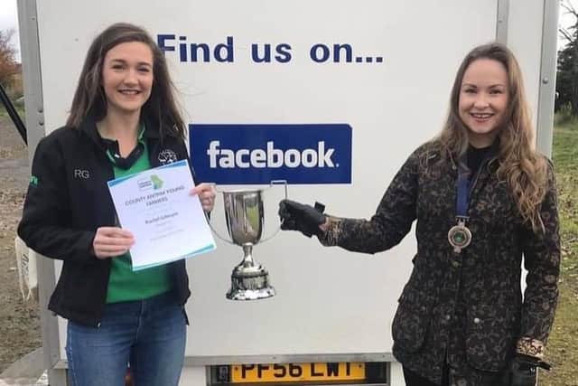 Rachel Gillespie (now Rea) receiving her award, for achieving top club leader in Co Antrim, from YFCU president Zita McNaugher