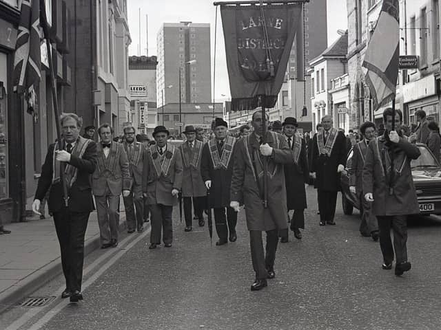 Officebearers head the parade through Larne to a meeting in the Orange Hall in February 1982. Picture: News Letter archives