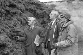 Judging of silage on the farm of Dunleath Estates, Ballywalter, Co Down, in February 1982, which was to go into the final of the British Grassland Society's UK competition. The judges were Mr Alan Kyle, the winner in 1981, Mr Ken Nelson of ICI, and Mrs Alan Edwards, East of Scotland Agricultural College. Picture: Farming Life archives