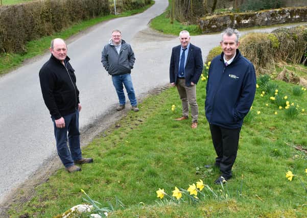 Left to right: Farm owner Drew Fleming, Declan McAleer MLA, President Ulster Farmers' Union Victor Chestnutt, DAERA Minister Edwin Poots MLA.