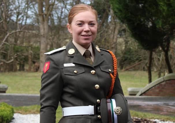 Second Lieutenant Michaelí Byrne (24) will be assigned to the Irish Army Equitation School following the commissioning ceremony of the 96th cadet class at Collins Barracks, Dublin