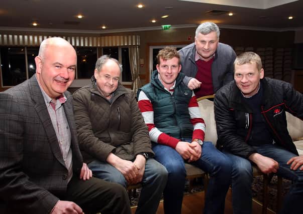 Patrick Kelly (left) guest speaker at Fermanagh Grassland Club meeting with (from left) George Darling, Teemore; Alan Burleigh, Lisnaskea; William Little, Lisbellaw and Trevor Dunn, Brookeborough.