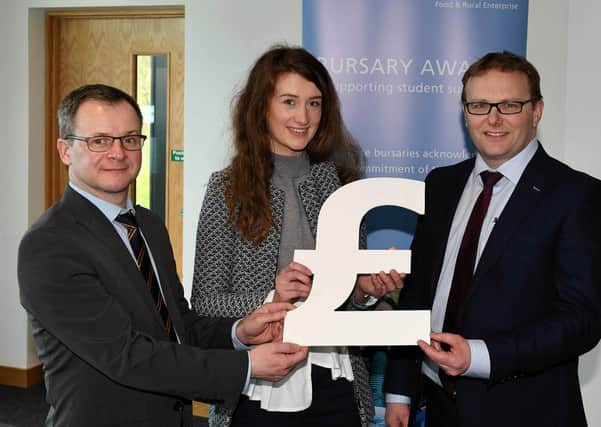 Loughry student Courtney Coyle with Shane McKinney, CAFRE Head of Food Education and Mark Forsythe, Danske bank at the bursary launch.
