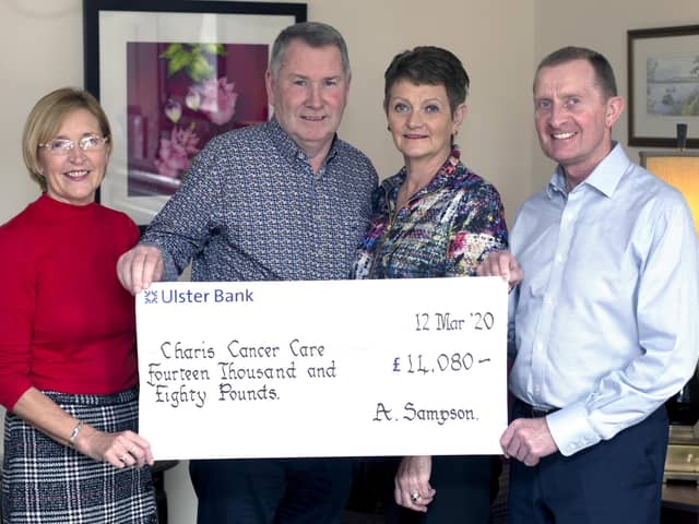Alistair and Lorraine Sampson from Volac presents £14080 the proceeds of a charity dance held in Castldawson to Charis Centre Director, Imelda McGucken MBE  and David Hendry from Charis Cancer Care.  See story inside .PICTURE STEVEN MCAULEY/MCAULEY MULTIMEDIA