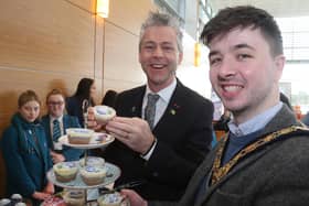 The Mayor of Causeway Coast and Glens Borough Council Councillor Sean Bateson pictured at the Fairtrade Bake-Off celebration event with Consul General Dr Christopher Stange, Secretariat of the All Party Group on Fairtrade.