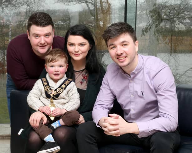The Mayor of Causeway Coast and Glens Borough Council Councillor Sean Bateson pictured with Dáithí MacGabhann and his parents Máirtin and Seph. Dáithí is currently waiting on a heart transplant and his family’s Donate4Dáithí campaign aims to raise awareness about organ donation and encourage more people to register as organ donors.