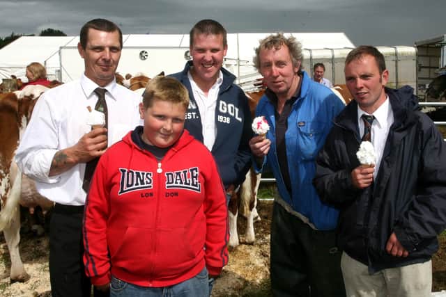 Kenny Nicholl, Ken Nicholl jnr, Stuart Baxter, Ronnie Erwin and David Wilson enjoying an ice cream at Antrim Show. AT31-487AC