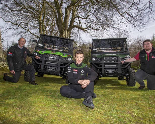 10/04/20...McAuley Multimedia REPRO FREE

Five time World Superbike Champion Jonathan Rea takes delivery of his Kawasaki Mule PRO-MX from Hunter Kane & Son Kawasaki Dealers.

Almost all races and sporting events have been cancelled or postponed for the foreseeable future due to Coronavirus.

Taking a break from two wheels Jonathan said, "the mule is really popular in the US, when we're at Laguna Seca we take the mule up to the corkscrew to get a good view of the track, it's always a battle to see who can get the keys first they're great fun".

Jonathan who is housebound for the meantime said, "I'm excited to have one at home, we have some land here and it will be brilliant for doing jobs around the house, the kids are excited to get their bikes in the back and head off when this is over".

The family dog was already introduced to the new machine jumping in the back the moment it arrived.

Doing the handover (at a distance) Joshua Kane from Ballycastle based Hunter Kane & Son Kawasaki dealers for Counties Antr