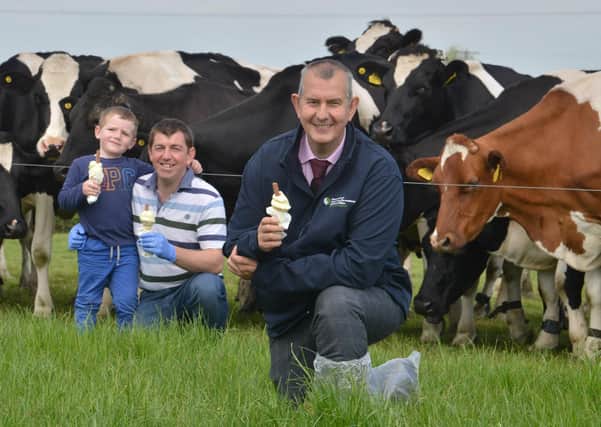 Farming Minister Edwin Poots MLA has welcomed a £25 million funding boost for the beef and dairy sectors as they grapple with the effects and impact of the Covid-19 pandemic. Minister Poots is pictured with Stephen Gibson and his son Stuart at their Hollowbridge Farm in Co.Down where they produce ice-cream from their own dairy herd. Photo by Simon Graham