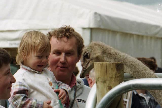 Two year old Jayne Stevenson and her father have a close encounter with an ostrich at the Balmoral Show in 1996. Picture: News Letter archives