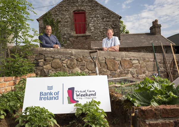 This yearâ€TMs Bank of Ireland Open Farm Weekend, which was originally postponed due to Covid-19 restrictions will now become Bank of Ireland Virtual Farm Weekend and be held virtually from Friday 31 July â€“ Sunday 2 August.  Although visitors cannot physically attend farms, the online activities shown on Open Farm Weekendâ€TMs social media channels and openfarmweekend.com will still give the public the chance to connect with up to 18 farms from across the province. Pictured on Donagh Cottage Farm in Donaghcloney is Richard Primrose, Bank of Ireland UK Agri-Business Manager and Bank of Ireland Open Farm Weekend chairman and UFU deputy president David Brown.  Picture by Brian Morrison.