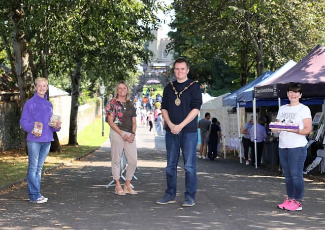 Lisburn & Castlereagh City Council will host the final Hillsborough Farmers Market of the year this month on The Dark Walk at Hillsborough Fort, with the very best local, seasonal and artisan food on offer as well as a horticultural and craft offering. Pictured at the previous markets are: (l-r) Sarah Devine, Simply Devine Cakes & Bakes, Ald. Amanda Grehan, Lisburn & Castlereagh City Council's Development Committee Chair, Ald. Stephen Martin, Mayor of Lisburn & Castlereagh City Council and Rosie McNeill, Rosie McNeill Cakes.