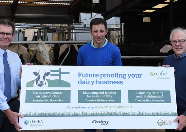 Left to right: Don Morrow, Head of dairy, pig, poultry and crops branch, CAFRE, Mike Johnston, CEO of NI Dairy Council and Mervyn Gordon, UFU dairy committee chairman.