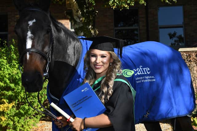 Kirsty Lee, Tobermore, celebrates as she graduates with a Certificate of Higher Education in Equine Management at CAFRE, Enniskillen campus.