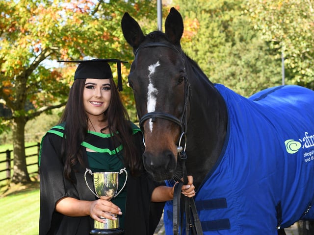 Foundation Degree in Equine Management (2021) graduate, Leah Havern from Newry, celebrates success at CAFRE’s Enniskillen campus. Leah won the Erne Veterinary Group Cup.