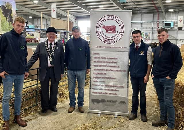 RUAS President Billy Martin congratulates NI Dexter Cattle Group members Thomas and Patrick McAreavey, Ryan Lavery and Ben Neill.