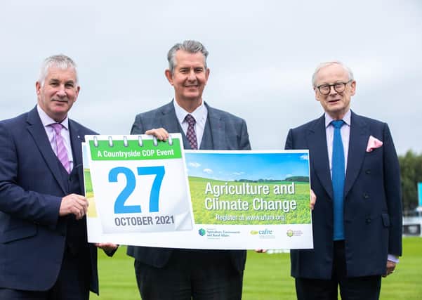 UFU President Victor Chestnutt, Agriculture Minister Edwin Poots and Lord Deben, Chairman of the UK Climate Change Committee.