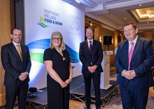 Left to right, Nick Whelan, NIFDA Chair, Gillian Morris, Head of Corporate Banking NI, HSBC UK, Jason Tarry, CEO UK and ROI, Tesco, and Michael Bell, Executive Director, NIFDA