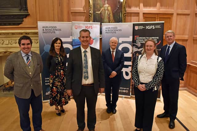 Speakers at the QUB/AFBI Alliance Stakeholder event included (pictured L-R) Dr Clive Black (Shore Capital), Mrs Tracey Teague (DAERA), Minister Edwin Poots MLA (DAERA), Professor Stuart Elborn (QUB), Dr Elizabeth Magowan (AFBI) and Sir Peter Kendall.