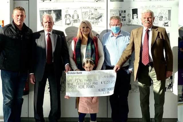 The NI Beef Shorthorn Club were delighted to recently present the Royal Hospital for Sick Children with a cheque for £9,039.73. The monies were raised at a Family Fun Day held on the farm of Kingsley and Rachel Jordan, Donaghcloney. Pictured are from left, Kingsley Jordan, Tom McGuigan, chairman, Rachel and Grace Jordan, Nigel Kearney Helping Hands, and Barry Fitzsimons, vice chair.
