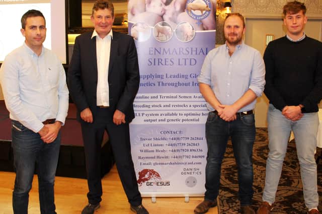 Attending the recent Glenmarshal Sires' pig meeting in Cookstown: l to r Chris Frizell, Makeway Ltd; Trevor Shields, Glenmarshal Sires; Jonathan
Myers, Fivemiletown and Jason Daly, AHV