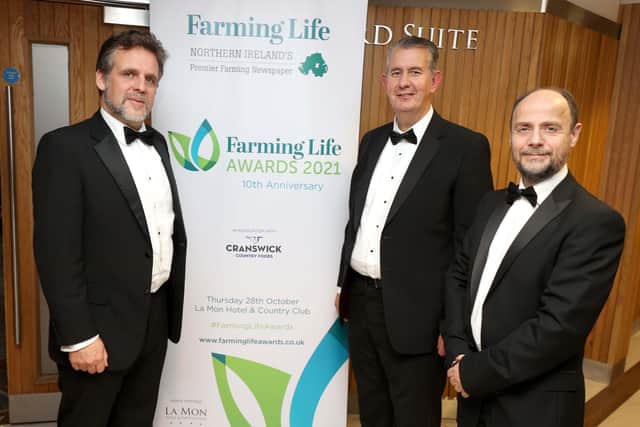 Editor of the News Letter Ben Lowry pictured with Minister of Agriculture Edwin Poots and DAERA Permanent Secretary Anthony Harbinson at the Farming Life awards.Pic Steven McAuley/McAuley Multimedia