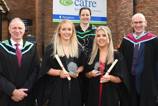Mr Alan Galbraith, Head of College Support Services CAFRE, Mrs Shelley Stuart, Further Education Programme Manager, and Mr Seamus McAlinney, Head of Equine congratulated DAERA prize winners Grace Sinclair (Bangor) and Rhiannon Campbell (Mountcharles) when they graduated from Enniskillen campus.