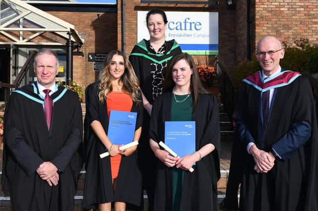 Mr Alan Galbraith, Head of College Support Services CAFRE, Mrs Shelley Stuart, Further Education Programme Manager, and Mr Seamus McAlinney, Head of Equine congratulated prize winners Libby Mooney (Letterkenny) and Anna McGuinness (Coalisland) when they graduated from Enniskillen campus.
