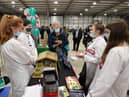 28/10/21 McAuley Multimedia REPRO FREE..Judges speak to pupils from Newtownhamilton High School who are competing for a place in the next final of the ABP Angus Youth Challenge .Pic Steven McAuley/McAuley Multimedia
