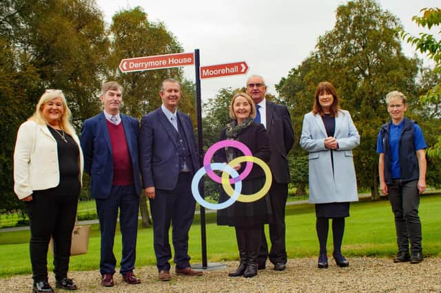 Pictured at Derrymore House in Bessbook Co.Armagh to view new facilities for the public, including a state-of-the-art play park are; (from left-right) Cllr Karen McKevitt, NMDDC Chair of Active and Healthy Communities, Cllr Al McDonnell; Mayo County Council and Carnacon Community Association, DAERA Minister Edwin Poots MLA, Cllr Roisin Mulgrew, Chair of Mourne, Gullion and Lecale Rural Development Partnership Ltd, Michael Lynch; Friends of Derrymore House, Antoinette McKeown, CEO Sport NI and Rosemary Richardson; National Trust. Derrymore Estate received £630,000 in funding through DAERA's Rural Development Programme in partnership with Moorehall Estate in Co.Mayo and Sport NI.