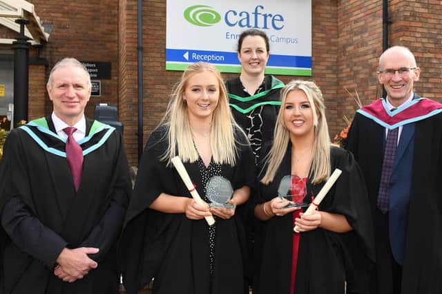 Mr Alan Galbraith, Head of College Support Services CAFRE, Mrs Shelley Stuart, Further Education Programme Manager, and Mr Seamus McAlinney, Head of Equine congratulated DAERA Prize winners Grace Sinclair (Bangor) and Rhiannon Campbell (Mountcharles) when they graduated from Enniskillen Campus.
