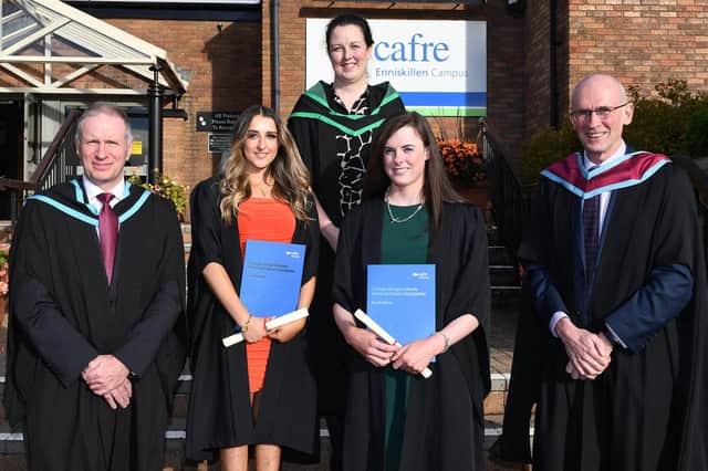Mr Alan Galbraith, Head of College Support Services CAFRE, Mrs Shelley Stuart, Further Education Programme Manager, and Mr Seamus McAlinney, Head of Equine congratulated prize winners Libby Mooney (Letterkenny) and Anna McGuinness (Coalisland) when they graduated from Enniskillen Campus.