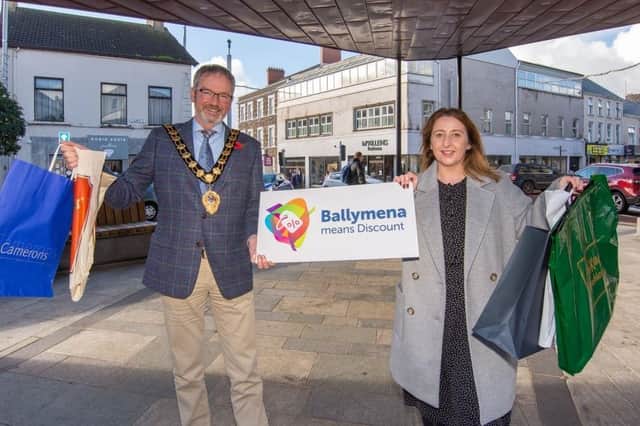 Mayor of Mid and East Antrim, Councillor William McCaughey, pictured with Ballymena BID Manager, Emma McCrea.