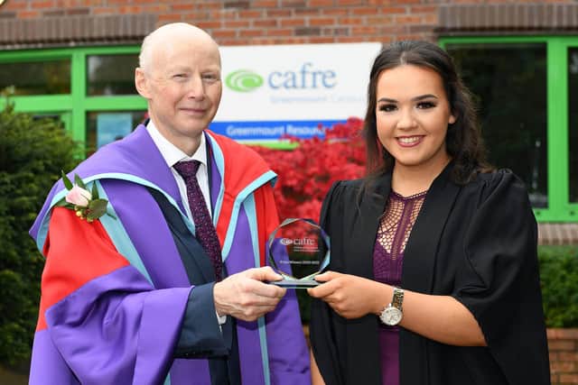 Dr Eric Long, Head of Education Service, CAFRE congratulated Claire Young (Dungiven) on being awarded the 2021 Norbrook Cup for performance in animal health whilst studying on the Level 3 Advanced Technical Extended Diploma course at Greenmount Campus.