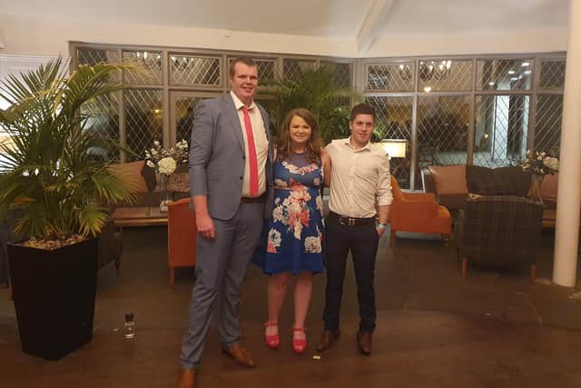 Brian Wade, Rebekah Ringland and Peter Graham swapped the overalls for the glad rags to attend the Co Down Young Farmers county dinner at the Clandeboye Lodge in Bangor