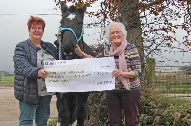 Linda Davis, Laurel View Equestrian Centre, receives a cheque for £1,500 from Ruth Erwin, Templepatrick. The money was gifted in lieu of presents to celebrate Mrs Erwin’s 90th birthday, and will be used for the enjoyment of local members of the RDA. Picture: Julie Hazelton