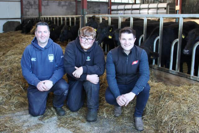 From left: Teacher Ciaran McCaughan and pupil Zach Glover on a
recent visit to the farm by Stuart Cromie from ABP.