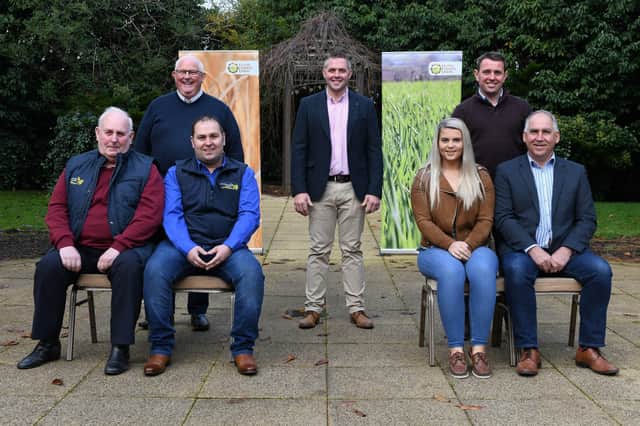 Winter Wheat: Back row from left, Mervyn Owens (Origin NI), Chris Gill (UFU seeds and cereals vice chair), Canice O'Hara (Origin NI). Front row, Victor and Richard Hunniford Farm (joint first place), Alex and Boyd Kane (third place).