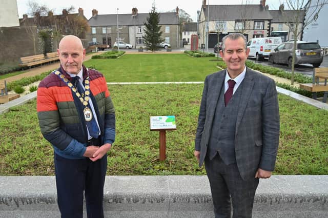 Mayor of Ards and North Down, Councillor Mark Brooks joins DAERA Minister Edwin Poots to view an investment of £450,000 to improve services and outdoor space in Kircubbin.
