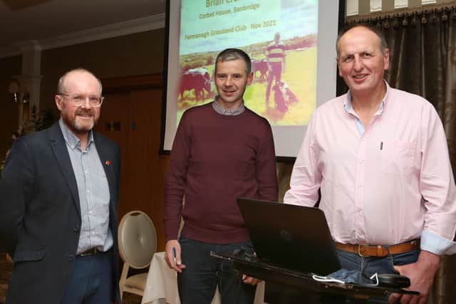 Brian Cromie (right) a farmer from Banbridge and guest speaker at Fermanagh Grassland Club with (from left) William Johnston, club secretary and David Foster, chairman.