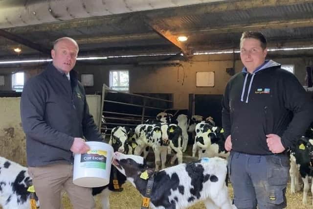 Paul Elwood (left) and Nathanael McCollum, from Bellemount Holsteins discussing the benefits of the new Calf Excel powder, which will be featured at the Winter Fair