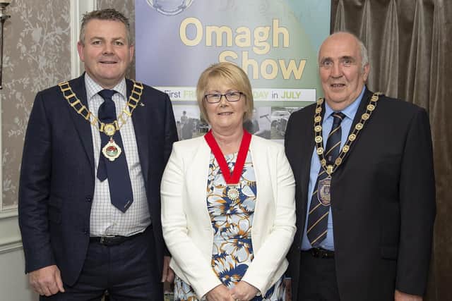Thomas Harkin Chairman of Tyrone Farming Society with Jennifer Hawkes Cair of Omagh Show Ladies Committee and Cllr Howard Thornton Chairman of Fermanagh & Omagh District Council.TFS-08